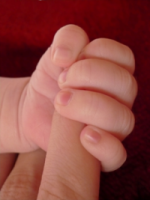 Fogóreflex: egy baba ráfog egy felnőtt ujjára